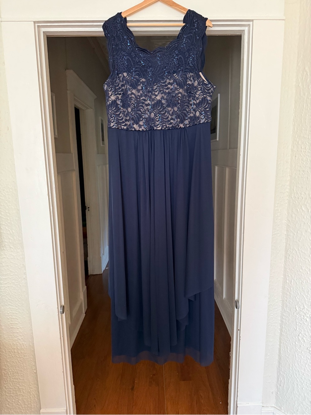 R&M Richards Navy Blue Lace Bodice Chiffon Evening Dress